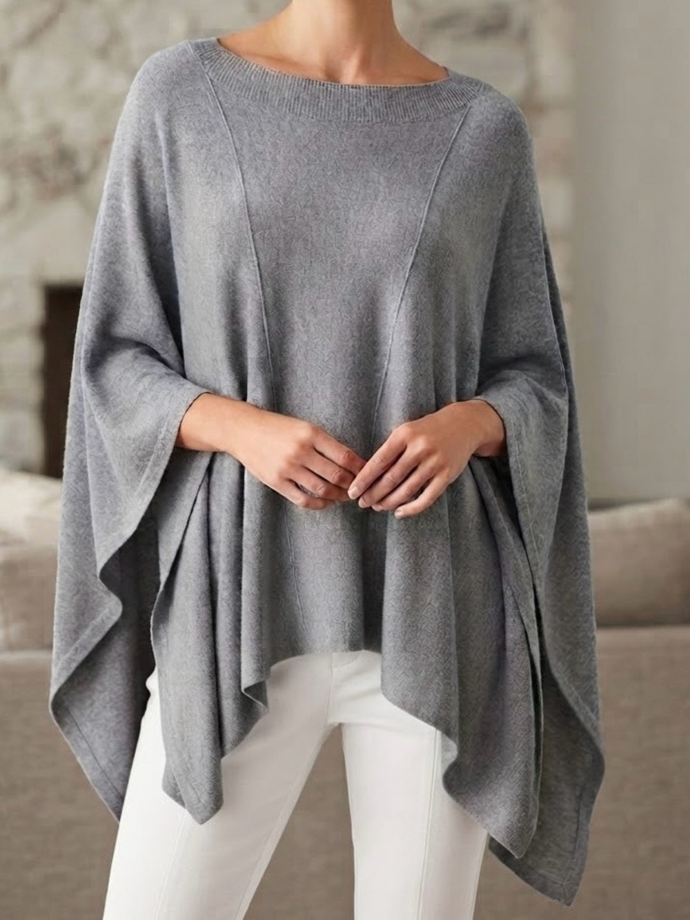 Chico's Light Gray Cashmere Blend Poncho Sweater L/XL